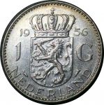 Нидерланды 1956 г. • KM# 184 • 1 гульден • королева Юлиана • серебро • регулярный выпуск • AU+