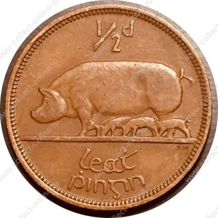 Ирландия 1953 г. • KM# 10 • ½ пенни • арфа • свинья • регулярный выпуск • XF+
