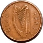 Ирландия 1953 г. • KM# 10 • ½ пенни • арфа • свинья • регулярный выпуск • XF+