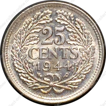Нидерланды 1944 г. P • KM# 164 • 25 центов • королева Вильгельмина I • серебро • регулярный выпуск • BU