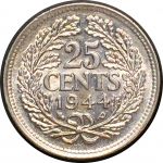Нидерланды 1944 г. P • KM# 164 • 25 центов • королева Вильгельмина I • серебро • регулярный выпуск • BU