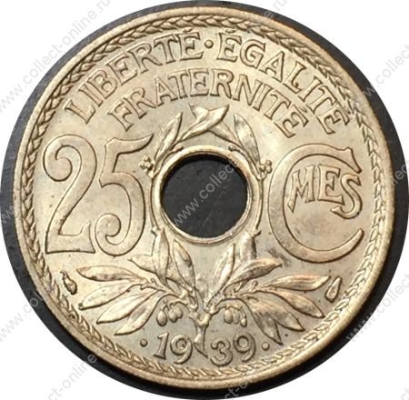 Франция 1939 г. • KM# 867b • 25 сантимов • год - "•1939•" • регулярныый выпуск • MS BU ( кат.- $5,00 )