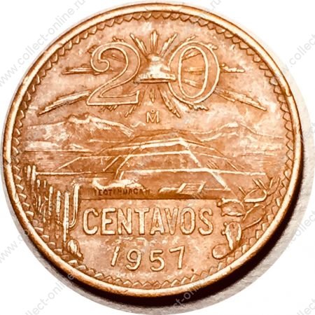 Мексика 1957 г. • KM# 440 • 20 сентаво • пирамида Солнца • регулярный выпуск • AU