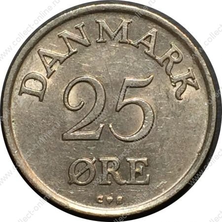 Дания 1958 г. • KM# 842.2 • 25 эре • королевская монограмма • регулярный выпуск • MS BU ( кат. - $8 )