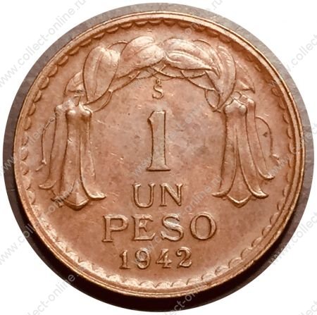 Чили 1942 г. • KM# 179 • 1 песо • генерал Бернардо О'Хиггинс • регулярный выпуск(первый год) • MS ( кат. - $15 )