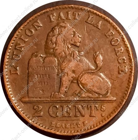 Бельгия 1909 г. • KM# 35.1 • 2 сантима • Бельгийский лев ("Des Belges") • регулярный выпуск • XF+
