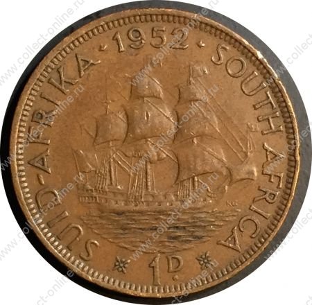 Южная Африка 1952 г. • KM# 34.2 • 1 пенни • Георг VI • парусник • регулярный выпуск • XF-AU