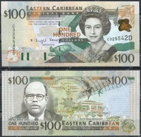 Восточные Карибы • Доминика 2000 г. • P# 41d • 100 долларов • Елизавета II • Артур Льюис • регулярный выпуск • UNC пресс ( кат. - $ 220 )