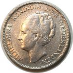 Нидерланды 1929 г. • KM# 161.1 • 1 гульден • королева Вильгельмина I • серебро • BU-