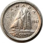 Канада 1943 г. • KM# 34 • 10 центов • Георг VI • серебро • регулярный выпуск • XF-