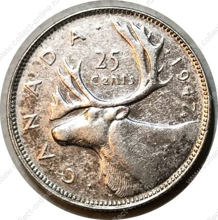 Канада 1947 г. • KM# 35 • 25 центов • Георг VI • олень • регулярный выпуск • серебро • XF-AU