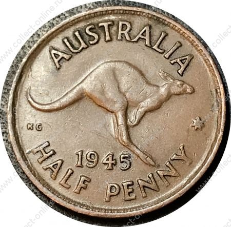 Австралия 1945 г. (Перт) • KM# 41 • пол пенни • без точки • Георг VI • кенгуру • регулярный выпуск • XF+ ( кат.- $ 15+ )