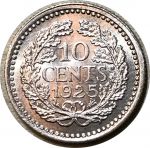 Нидерланды 1925 г. • KM# 145 • 10 центов • королева Вильгельмина I • серебро • регулярный выпуск • MS BU