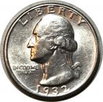 США 1932 г. • KM# 164 • квотер (25 центов) • Джордж Вашингтон • серебро • первый год • регулярный выпуск • AU+