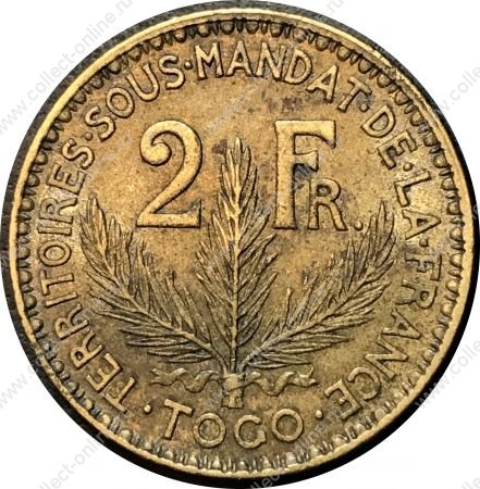 Того 1925 г. • KM# 3 • 2 франка • лиственница • регулярный выпуск • UNC ( кат. - $275 )