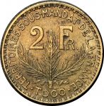 Того 1925 г. • KM# 3 • 2 франка • лиственница • регулярный выпуск • UNC ( кат. - $275 )