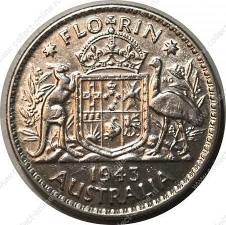 Австралия 1943 г. • KM# 40 • 1 флорин(2 шиллинга) • Георг VI • кенгуру, страус и герб • серебро • регулярный выпуск • XF+