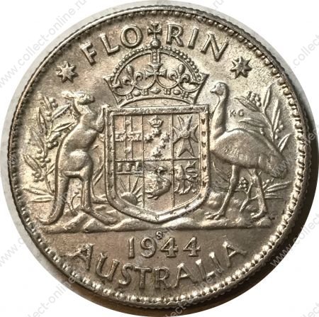 Австралия 1944 г. S • KM# 40 • 1 флорин • Георг VI • герб • серебро • регулярный выпуск • BU