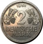 Германия • ФРГ 1951 г. G (Карлсруэ) • KM# 111 • 2 марки • регулярный выпуск • AU+ ( кат.- $ 100+ ) 