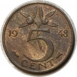 Нидерланды 1948 г. • KM# 176 • 5 центов • королева Вильгельмина • регулярный выпуск(год-тип) • MS red! ( кат.- $10+ )