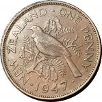 Новая Зеландия 1947 г. • KM# 13 • 1 пенни • Георг VI • птица туи • регулярный выпуск • XF+