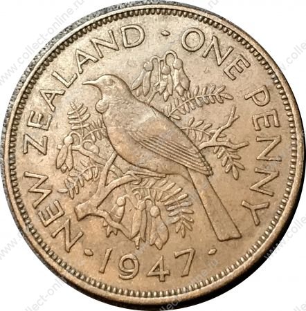 Новая Зеландия 1947 г. • KM# 21 • 1 пенни • Георг VI • птица туи • регулярный выпуск • XF+