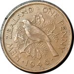 Новая Зеландия 1946 г. • KM# 13 • 1 пенни • Георг VI • птица туи • регулярный выпуск • XF+