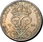 Швеция 1924 г. • KM# 779.2 • 5 эре • королевская монограмма • регулярный выпуск • XF+ ( кат. - $10+ )