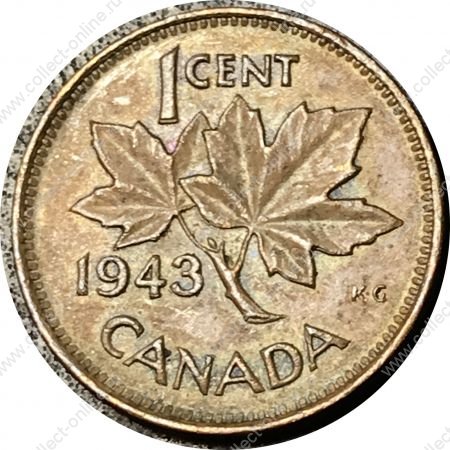 Канада 1943 г. • KM# 328 • 1 цент • Георг VI • регулярный выпуск • AU