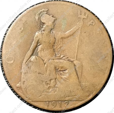 Великобритания 1912 г. • KM# 810 • 1 пенни • Георг V • "Британия" с трезубцем • регулярный выпуск • VG