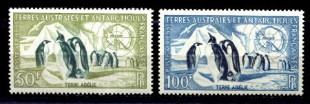 Французские Южные и Антарктические территории 1956 г. • SC# C1-2 • 50 и 100 fr. • Фауна Антарктики • пингвины • авиапочта • полн. серия • MNH OG VF