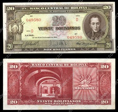 Боливия 1945 г. • P# 140 • 20 боливиано • без надпечатки • Симон Боливар • монетный двор • регулярный выпуск • UNC пресс