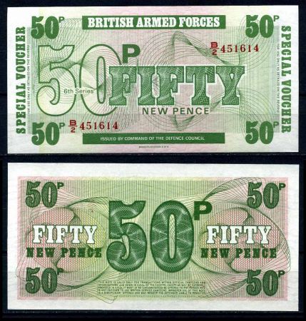 Великобритания • Британские ВС 1972 г. • P# M49 • 50 новых пенсов • 6 -я серия • армейский ваучер • UNC пресс