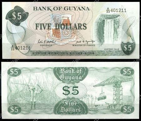 Гайана 1966 г. (1989) • P# 22e • 5 долларов • водопад • сахарная промышленность • регулярный выпуск • UNC пресс