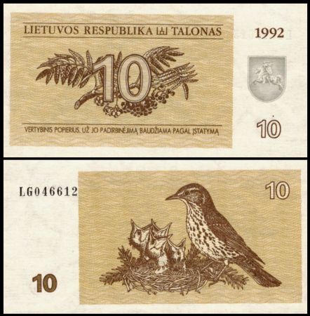 Литва 1992 г. • P# 40 • 10 талонов • птицы • регулярный выпуск • UNC пресс ( кат. - $ 15 )