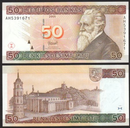 Литва 2003 г. • P# 67 • 50 литов • Йонас Басанавичюс • регулярный выпуск • UNC пресс