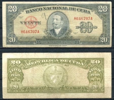 КУБА 1958г.  P# 80b / 20 ПЕСО / VF / ГЕРБЫ