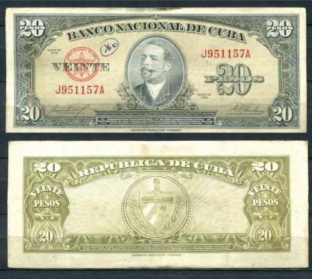 КУБА 1958г. P# 80b / 20 ПЕСО XF / ГЕРБЫ