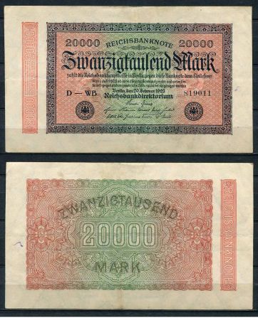 ГЕРМАНИЯ 1923г. P# 85b / 20000 МАРОК XF