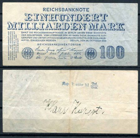 ГЕРМАНИЯ 1923г. 9-й выпуск P# 126 / 100 млрд. МАРОК VF+