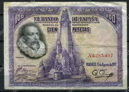 Испания 1928 г. • P# 76 • 100 песет • Мигель де Сервантес • регулярный выпуск • F-VF