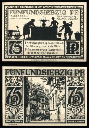 Падерборн 1921 г. • 75 пф. • Сцена у фонтана • улица • черная • UNC пресс