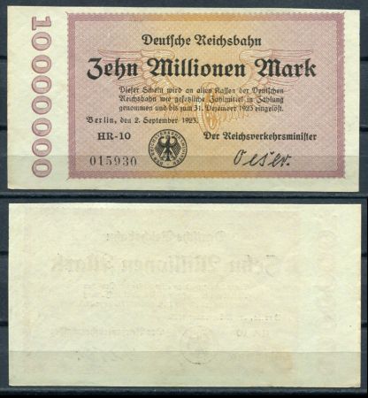 ГЕРМАНИЯ ЖД 1923г. P# S1014 / 10 млн.  МАРОК / UNC ПРЕСС-