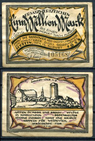 ЩЕЦИН(ПОЛЬША) 1923г. 1 млн. МАРОК / ГОРОД БАШНЯ / XF / АРХИТЕКТУРА