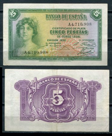 Испания 1935 г. (1936) • P# 85 • 5 песет • серебряный сертификат • XF+