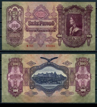 Венгрия 1930 г. • P# 98 • 100 пенгё • серия без апострофа • король Матиас • регулярный выпуск • AU+ пресс-