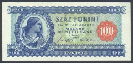 Венгрия 1946 г. • P# 160 • 100 форинтов • девушка с серпом • регулярный выпуск • UNC- пресс* ®