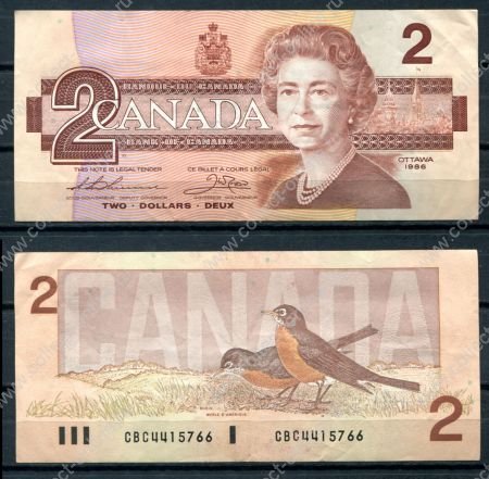 Канада 1986 г. • P# 94b • 2 доллара • Елизавета II • воробьи • регулярный выпуск • Thiessen-Crow • XF+