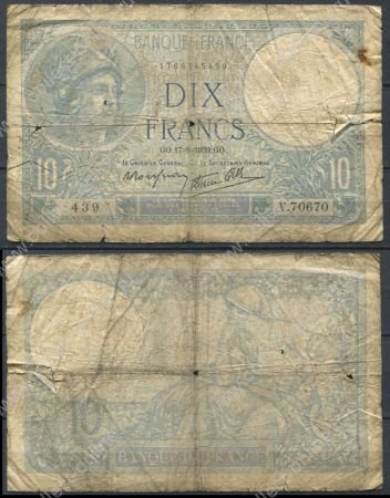 Франция 1939 г. • P# 84 • 10 франков • богиня Минерва • крестьянка • регулярный выпуск • G