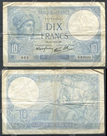 Франция 1941 г. (2-1) • P# 84 • 10 франков • богиня Минерва • крестьянка • регулярный выпуск • VF